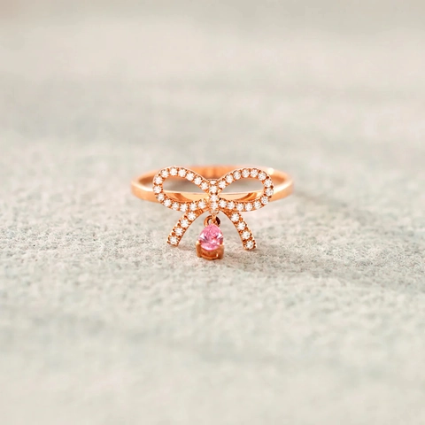925 Sterling Zilveren Strik Ring Voor Vrouwen Roze Waterdruppel Strass Ingelegd Champagne Roségoud Verguld Mode Sieraden Cadeau