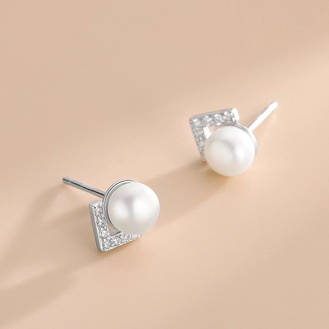 925 Sterling Silver V-Shaped Rhinestone Artificial Pearl Stud Earrings For Women Minimalist Fashion Elegant Ear Jewelry