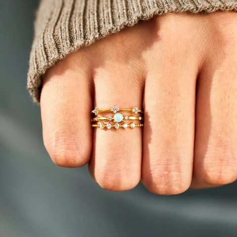 925 Sterling Silver Ring For Women Artificial Opal Flower Stackable Gold Plated Rhinestone Elegant Fashion Finger Jewelry