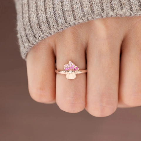 925 Sterling Zilver Creatieve Cupcake Ring Roségoud Verguld Ingelegde Roze Strass Dessert Ijs Ring Mode Sieraden Vrouwen
