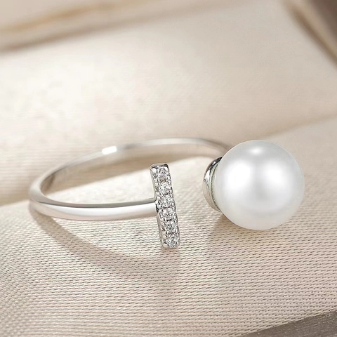 S925 Sterling Silver Double T Open Ring For Women Elegant Artificial Pearl Adjustable Rhinestone Band Fashion Jewelry Gift