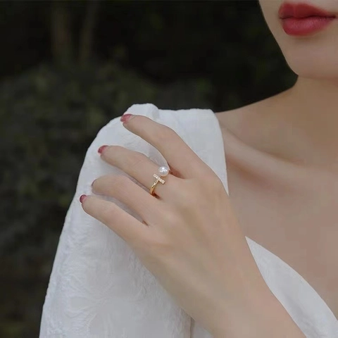 S925 Sterling Silver Double T Open Ring For Women Elegant Artificial Pearl Adjustable Rhinestone Band Fashion Jewelry Gift