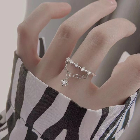 925 Sterling Silver Star Tassel Open Ring For Women Minimalist Rhinestone Adjustable Geometric Finger Ring Fashion Jewelry