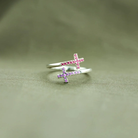 S925 Sterlingsilber Doppelkreuz Offener Ring Für Damen Bunte Strass Einlage Verstellbarer Mode Fingerring Schmuck