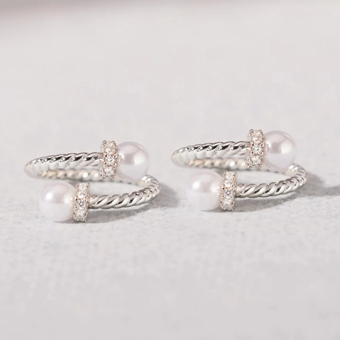 925 Sterlingsilber Gedrehtes Seil Offener Ring Für Damen Verstellbar Minimalistisch Künstliche Perle Strass Eingelegter Schmuck