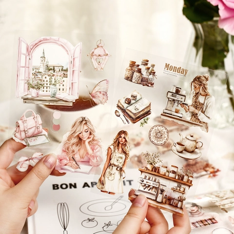 Girl Character Scenery PET Stickers Vintage Lifestyle Journaling Scrapbooking DIY Decorative Stickers For Hand Account