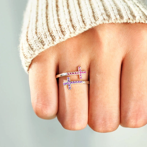 S925 Sterlingsilber Doppelkreuz Offener Ring Für Damen Bunte Strass Einlage Verstellbarer Mode Fingerring Schmuck