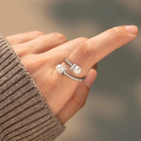 925 Sterlingsilber Gedrehtes Seil Offener Ring Für Damen Verstellbar Minimalistisch Künstliche Perle Strass Eingelegter Schmuck