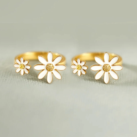 Anillo Abierto de Margarita de Plata de Ley S925 para Mujer Bañado en Oro Esmalte Blanco Girasol Anillo Ajustable Joyería