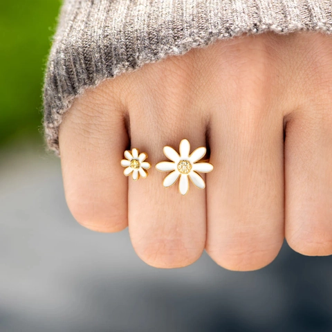Anillo Abierto de Margarita de Plata de Ley S925 para Mujer Bañado en Oro Esmalte Blanco Girasol Anillo Ajustable Joyería