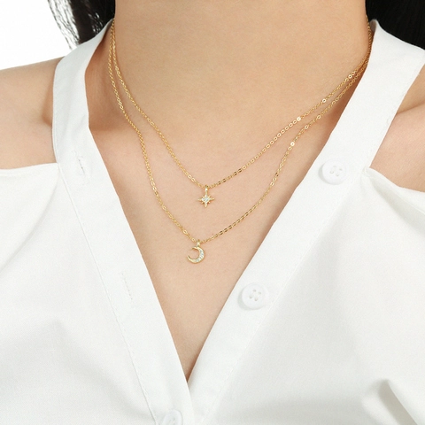 Collar de Doble Capa de Plata de Ley 925 con Estrella y Luna Colgante de Diamantes de Imitación para Mujer Joyería