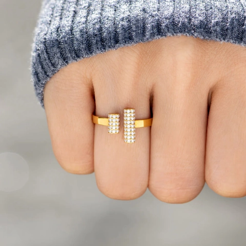 925 Sterling Zilveren Dubbele T Geometrische Verstelbare Open Ring Verguld Strass Pave Mode Sieraden Voor Vrouwen Cadeau