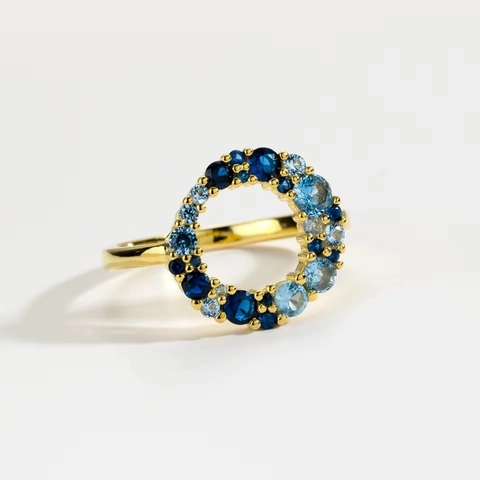 Anello in Argento Sterling 925 Tondo Blu Sfumato per Donna Moda Minimalista Geometrico Traforato con Strass Intarsiati Anello da Indice