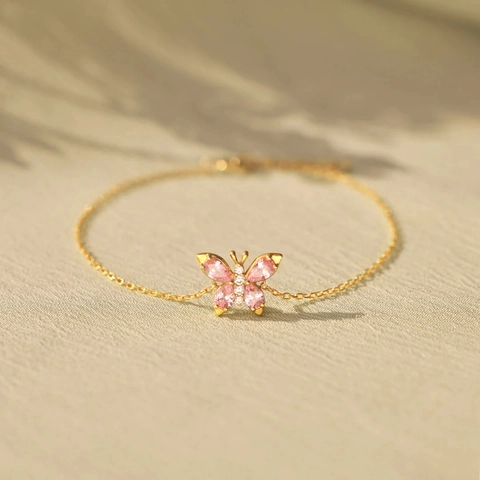 S925 Sterling Silver Pink Zirconia Butterfly Bracelet For Women Minimalist Gold Plated Fashion Jewelry Adjustable Hand Chain