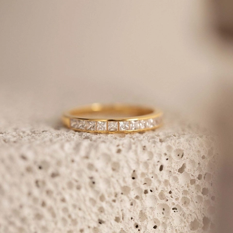 925 Sterling Zilver Zirconia Ring Goud Verguld Half Eternity Rijzetting Geometrische Vingerring Voor Vrouwen Bruiloft Sieraden