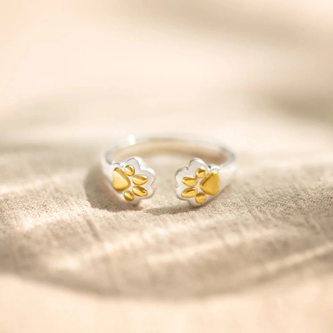 925 Sterling Silver Adjustable Dog Paw Print Open Ring Two-tone Gold Silver Minimalist Fashion Finger Ring Women Jewelry