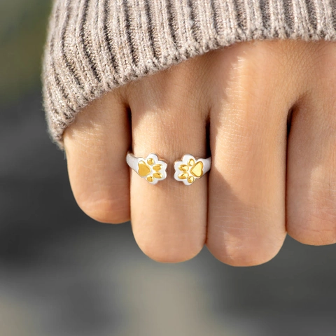 925 Sterling Silver Adjustable Dog Paw Print Open Ring Two-tone Gold Silver Minimalist Fashion Finger Ring Women Jewelry