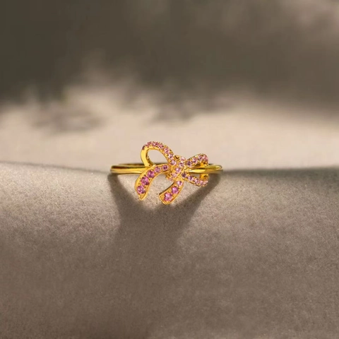 Anello a Fiocco in Argento Sterling S925 per Donna Placcato Oro con Zirconia Rosa Intarsiato Elegante Gioielleria per Matrimonio Festa