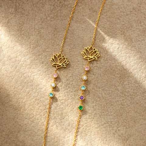 925 Sterling Silver Lotus Birthstone Bracelet For Women Gold Plated Adjustable Minimalist Flower Rhinestone Link Chain Jewelry Gift