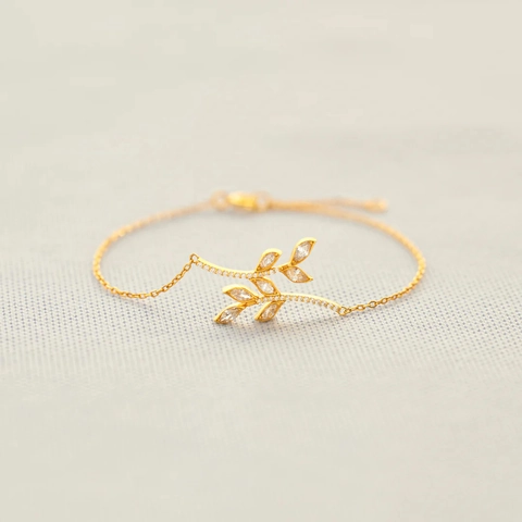 Bracciale in Argento Sterling S925 Con Ramo di Foglie Per Donna Elegante Placcato Oro Strass Ramo d'Ulivo Braccialetto Regolabile