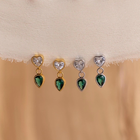 Orecchini Pendenti a Cuore in Argento Sterling 925 Goccia d'Acqua Verde per Donna Moda Minimalista Gioielli con Strass