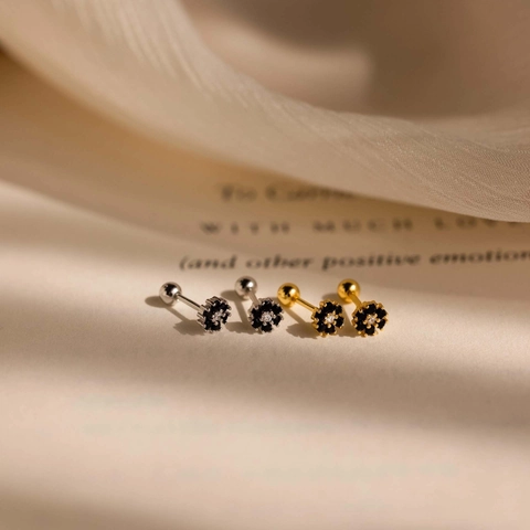 925 Sterling Silver Black Flower Stud Earrings For Women Minimalist Rhinestone Geometric Screw Back Earrings Fashion Jewelry Gift