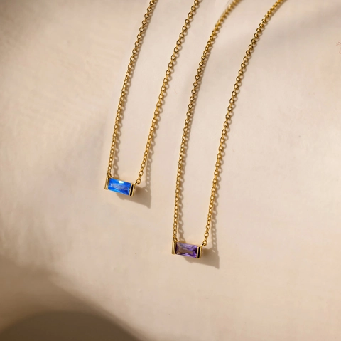 925 Sterling Silver Rectangular Birthstone Pendant Necklace For Women Zirconia Geometric Chain Western Style Jewelry Gift