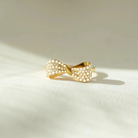 Anello con Fiocco in Argento Sterling 925 per Donna Placcato Oro con Strass Intarsiati Elegante Anello alla Moda Gioielli