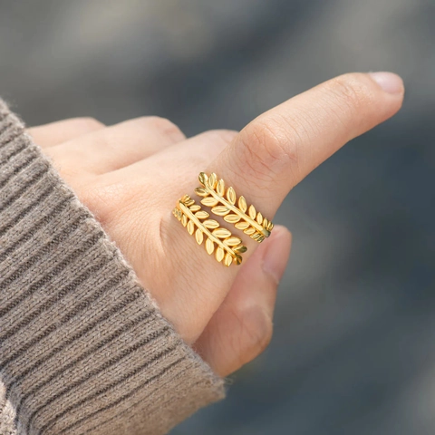 S925 Sterlingsilber Vergoldeter Offener Ring Für Damen Vintage Lorbeerblatt Doppelschicht Verstellbarer Fingerring Schmuck