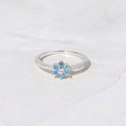 Bague Fleur en Argent Sterling 925 Élégante Bague avec Strass Bleu Pavé Bijoux de Mode Style Occidental Cadeau pour Femmes