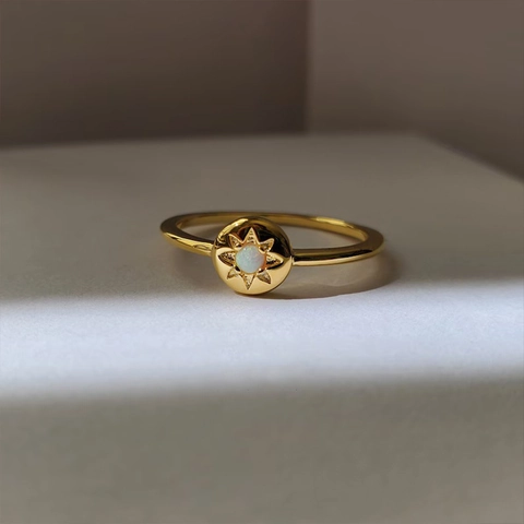 925 Sterling Silver Opal Sunburst Ring For Women Minimalist Eight-Pointed Star Geometric Electroplated Finger Ring Jewelry Gift