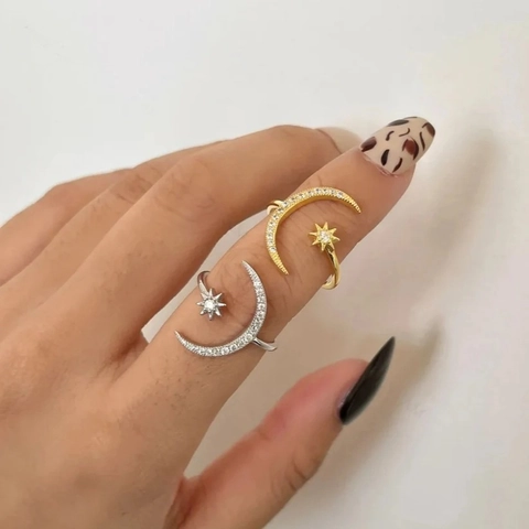 925 Sterlingsilber Mond Stern Offener Ring Für Damen Strass Eingelegt Verstellbar Celestial Mode Schmuck Fingerring Geschenk