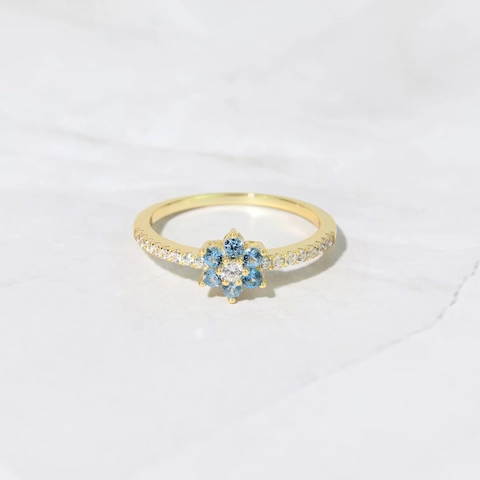 Bague Fleur en Argent Sterling 925 Élégante Bague avec Strass Bleu Pavé Bijoux de Mode Style Occidental Cadeau pour Femmes