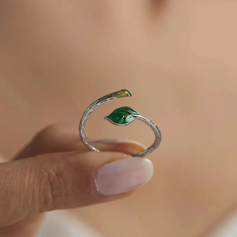 S925 Sterling Zilver Blad Open Verstelbare Ring Groen Emaille Strass Tak Textuur Mode Vinger Sieraden Voor Vrouwen
