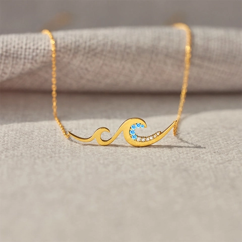 925 Sterling Silver Wave Pendant Necklace For Women Gold Plated Rhinestone Ocean Sea Surf Charm Choker Fashion Jewelry
