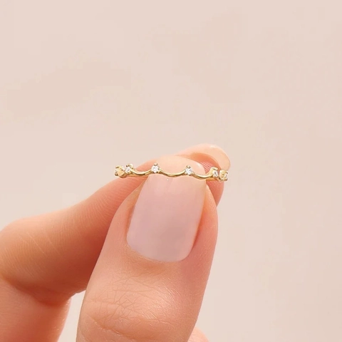 Anello Ondulato in Argento Sterling S925 da Donna Anello a Corona in Zirconia Placcato Oro Gioielli di Moda Minimalisti Eleganti