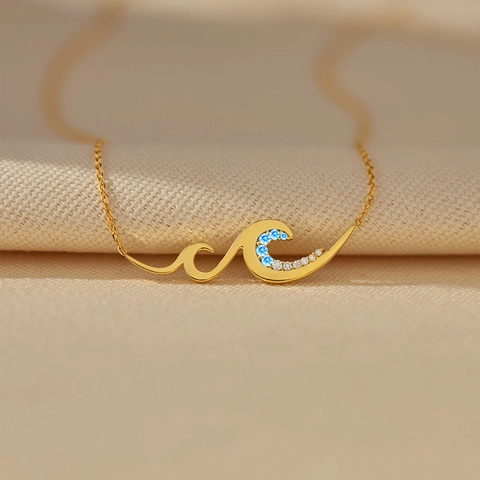 925 Sterling Silver Wave Pendant Necklace For Women Gold Plated Rhinestone Ocean Sea Surf Charm Choker Fashion Jewelry