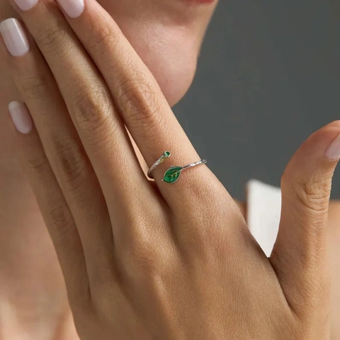 S925 Sterling Zilver Blad Open Verstelbare Ring Groen Emaille Strass Tak Textuur Mode Vinger Sieraden Voor Vrouwen