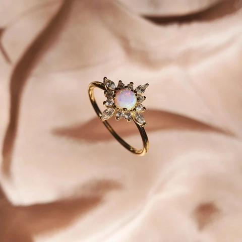 Anello a Fiore Stellato in Argento Sterling S925 Placcato Oro Con Opale Artificiale Strass Anello Geometrico Donna Gioielli