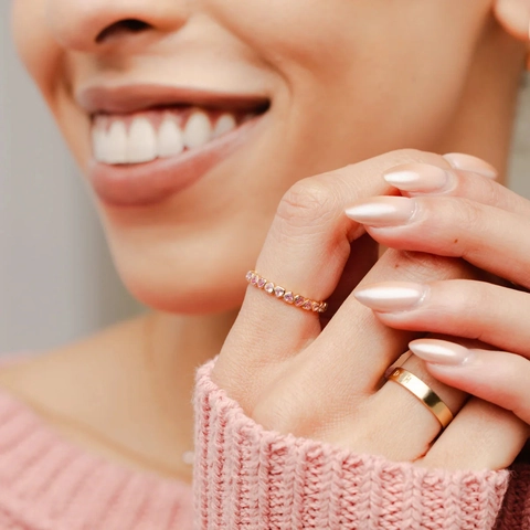 S925 Sterling Silver Gradient Pink Heart Eternity Ring For Women Elegant Gold Plated Rhinestone Inlaid Band Finger Ring Jewelry