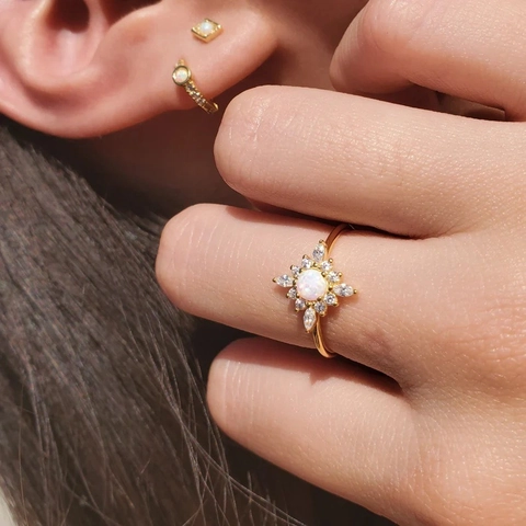 Anello a Fiore Stellato in Argento Sterling S925 Placcato Oro Con Opale Artificiale Strass Anello Geometrico Donna Gioielli