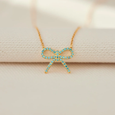 Collana con Ciondolo a Fiocco in Argento Sterling 925 Zirconia Blu Chiaro Moda Minimalista Catena a Clavicola Oro Galvanizzato per Donna Gioielli