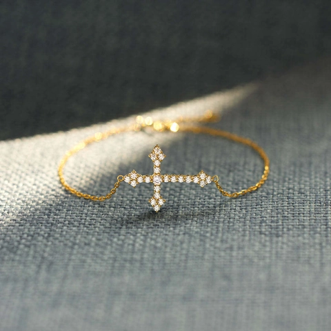 Bracciale a Croce in Argento Sterling 925 per Donna Placcato Oro Catena con Zirconia Gioielli di Moda
