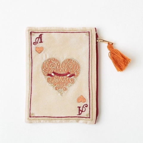 Vintage Japanese Embroidered Playing Card Pattern Cosmetic Bag Tassel Polyester Mini Coin Purse Portable Storage Bag