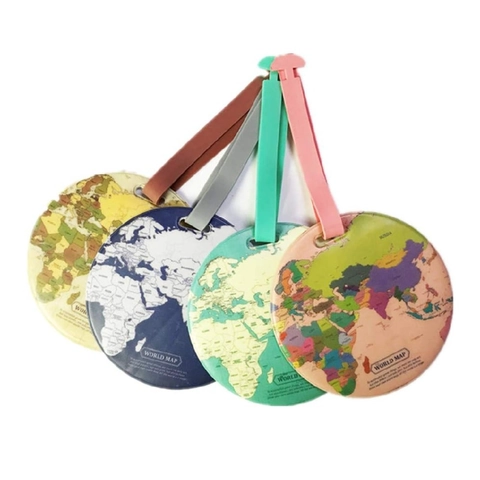 Round World Map Luggage Tag PVC Waterproof Travel Suitcase ID Identifier Label With Adjustable Strap For Backpacks Bags Unisex