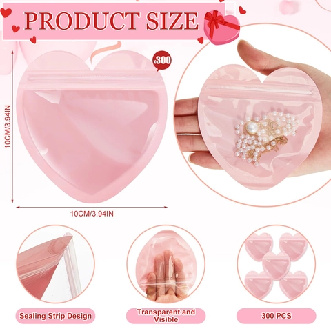 Heart Shaped Pink PVC Jewelry Ziplock Bags Clear Waterproof Small Gift Packaging Pouches For Earrings Rings Necklaces Organizer