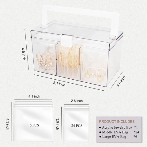 Portable Clear Acrylic Jewelry Organizer Box With Handle Anti-Oxidation EVA Jewelry Sealed Bags For Earrings Necklace Storage