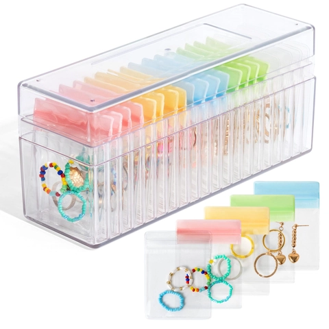 Set Scatola per Gioielli in Acrilico Con Sacchetti in PVC Antiossidazione Organizzatore Trasparente per Orecchini Anelli Collane
