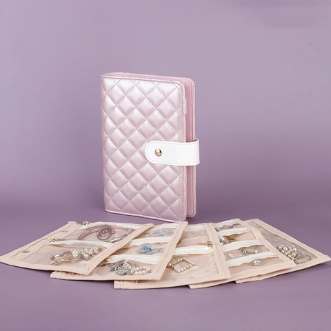 Draagbaar Gewatteerd PU Leren Sieraden Organizer Boek Met Transparante Zakken Voor Ringen Oorbellen Kettingen Reis Tas