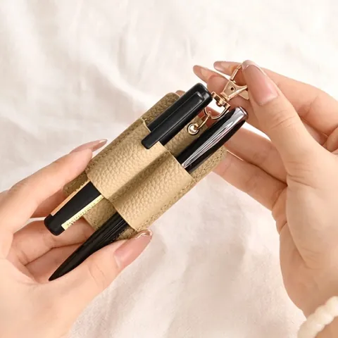 Portable PU Leather Pen Holder Keychain Litchi Pattern Double Slot Office Pen Sleeve Bag Charm Pendant For Women Men